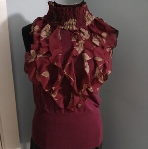 Tracy M Burgundy Floral Ruffle Blouse